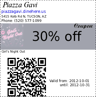 Piazza Gavi coupon : Girl's Night OutValid Mon./Tues. for the Ladies in our lives for the month of October